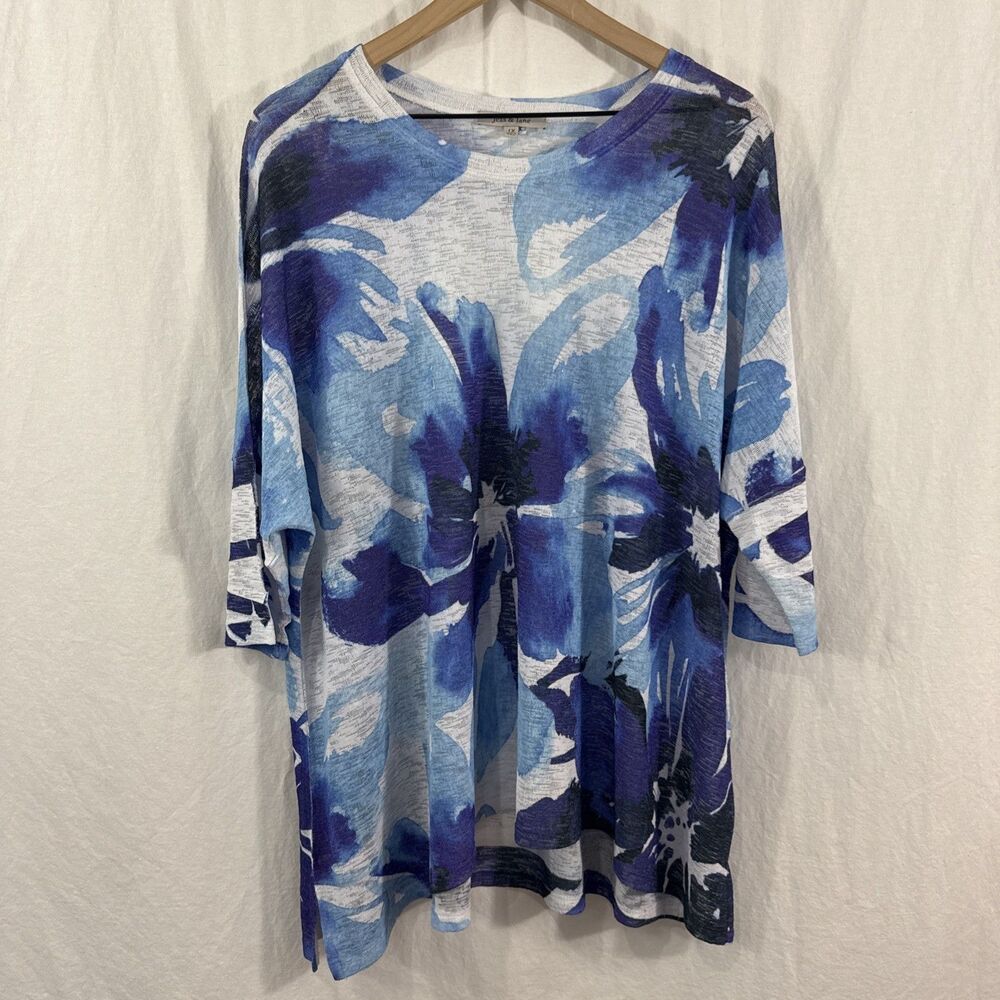 Jess & Jane Blue Floral Knit Stretch Oversized Artsy Top Womens Sz 1X Coastal